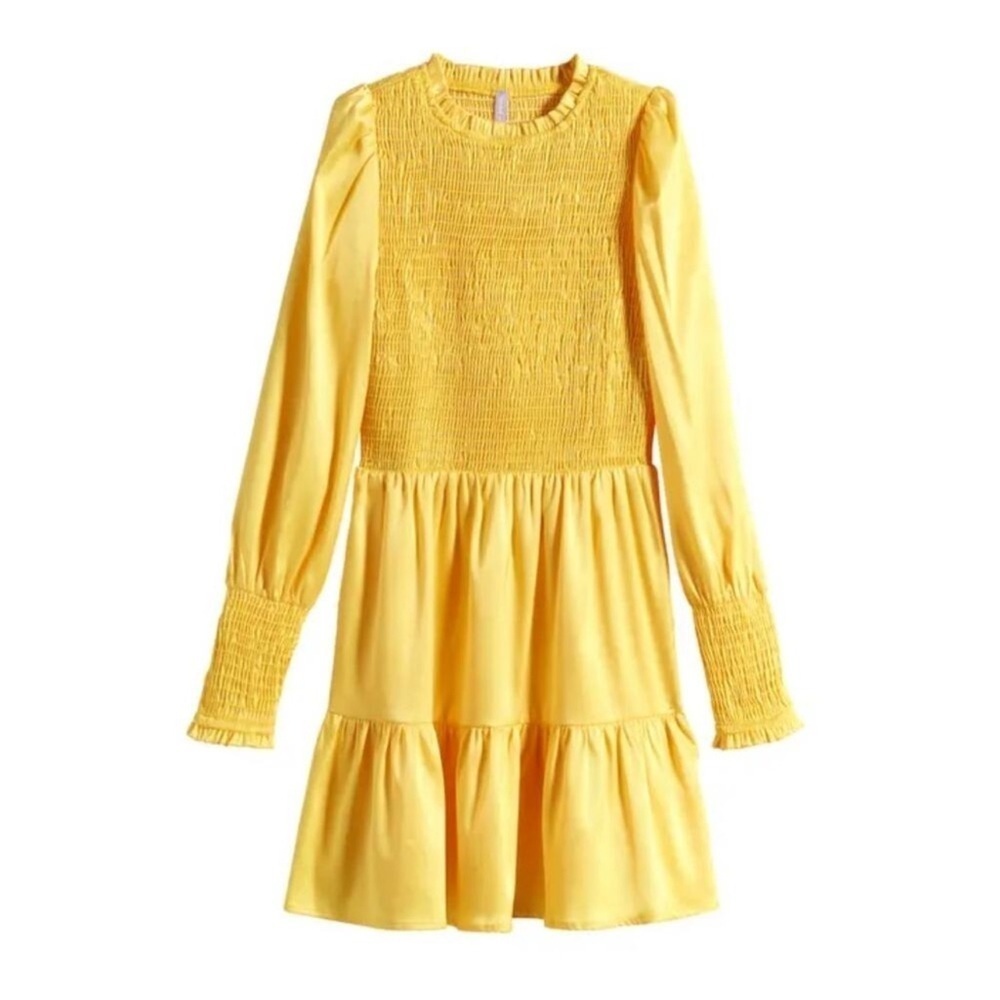 Good Luck Girl Yellow Long Sleeves Smocked Bodice Tiered Skirt Dress Girls Sz M